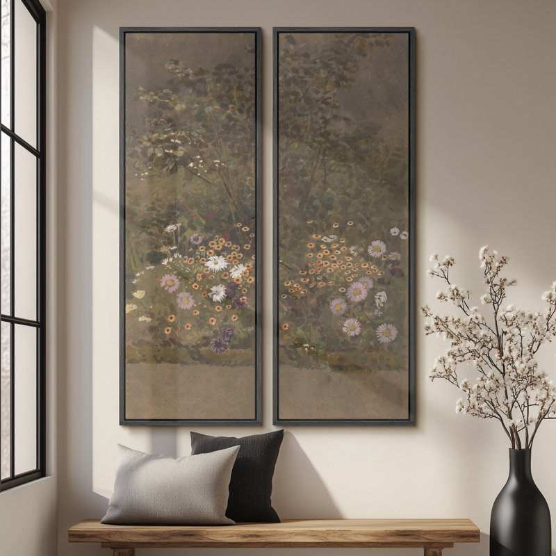 Ensemble de 2 toiles encadrées 20 x 60 pouces Vintage Floral and Landscape, Noir