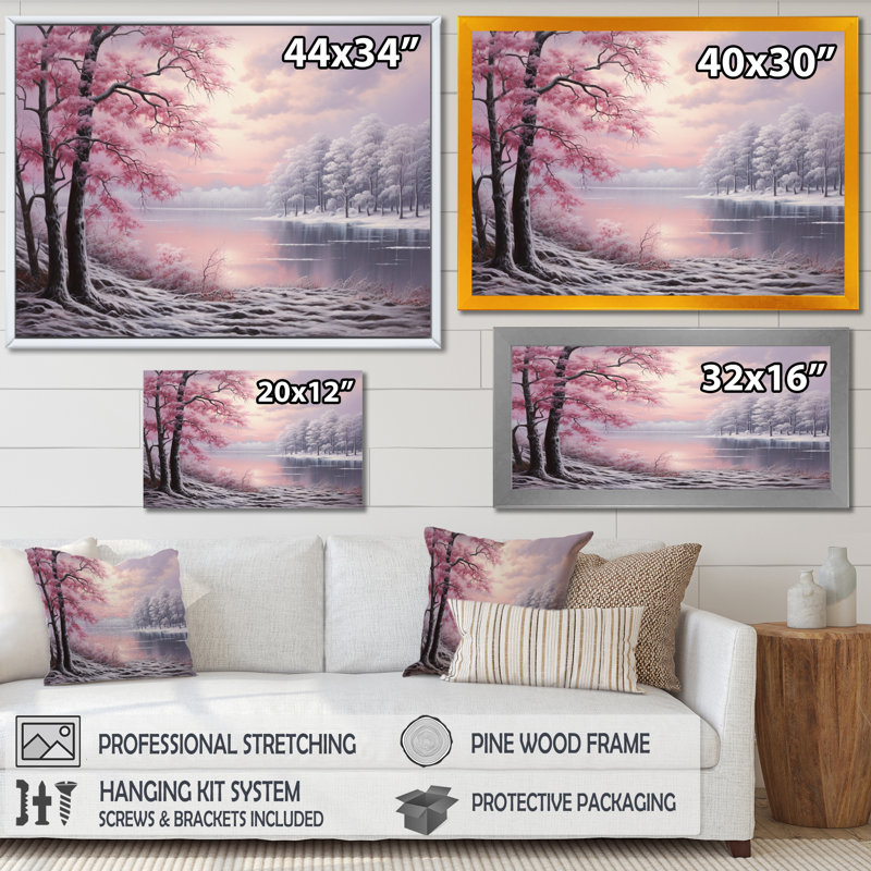 «Pink Winter Trees By The Riverside», reproduction sur toile, H 16 po x l 32 po x P 1 po, Cadre flottant noir