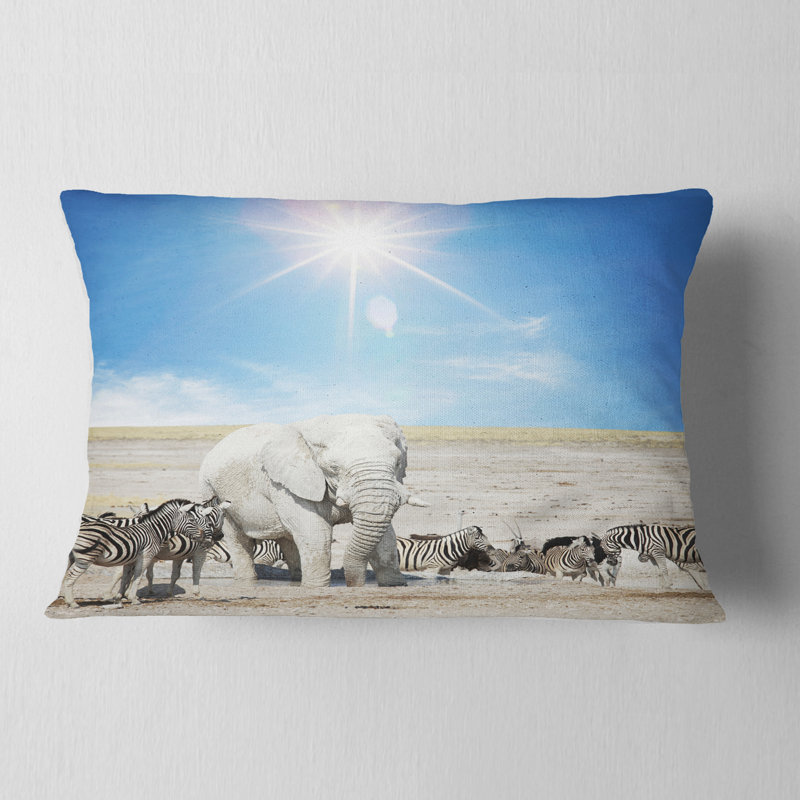  Abstract Elephant and Herd of Zebras Lumbar Pillow