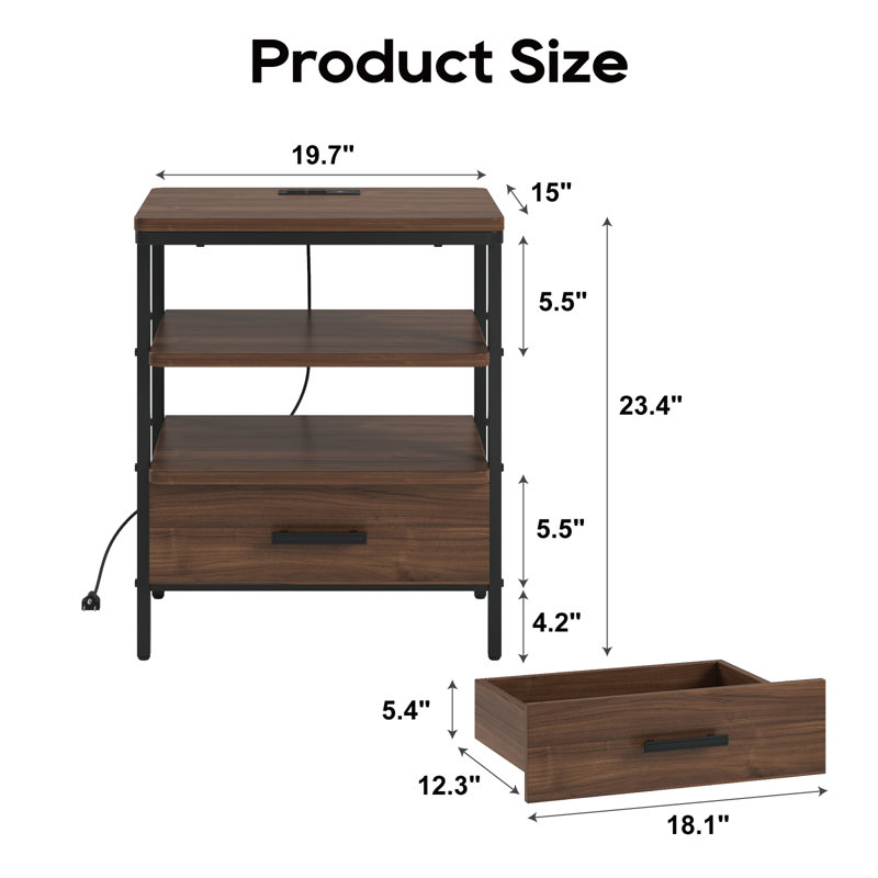 Two Nightstand With Storage, Built-in Outlets, and Drawer for Bedroom and Living Room and Built-in Outlets, Brown