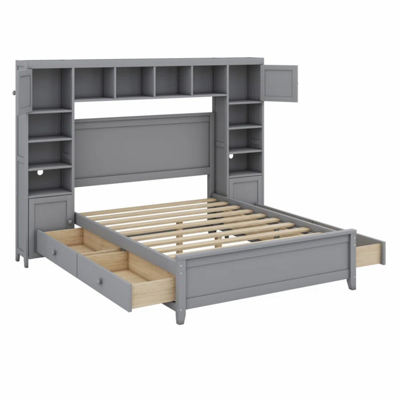 Lit en bois avec armoire tout-en-un, tiroirs et tablette, Gris
