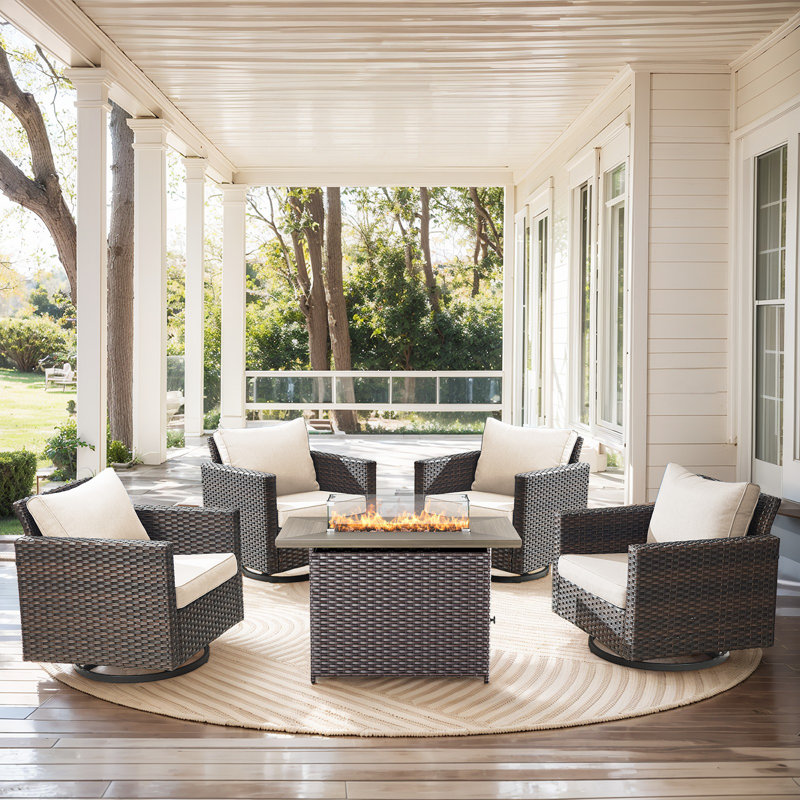 Bayboro 4 - Person Outdoor Seating Group With Fire Pit With Swivel Glide Chair And Cushions, Beige