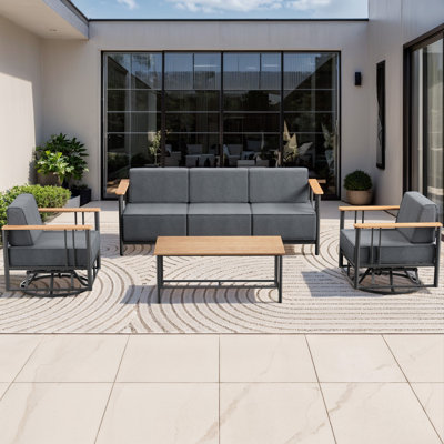 Ensemble de patio 4 pièces en osier avec canapé, 2 chaises berçantes pivotantes et table basse