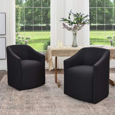  25" Wide Modern No Assembly Linen Barrel Back Upholstered Dining Armchair with Interchangeable Casters & Fixed Feet (Set of 2)