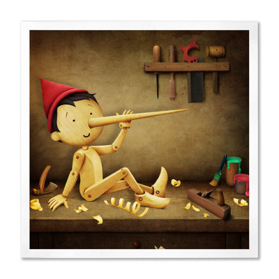 Pinocchio avec long nez et chapeau rouge - reproduction d'art sur toile pour enfants