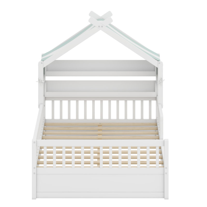 Lit maison avec tablette de tête de lit intégrée, cadre de lit avec rangement, Blanc