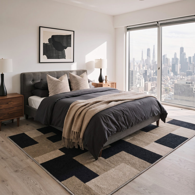 Tapis noir / beige à motif géométrique lavable à la machine avec envers antidérapant, Rectangle 5 pi x 7 pi
