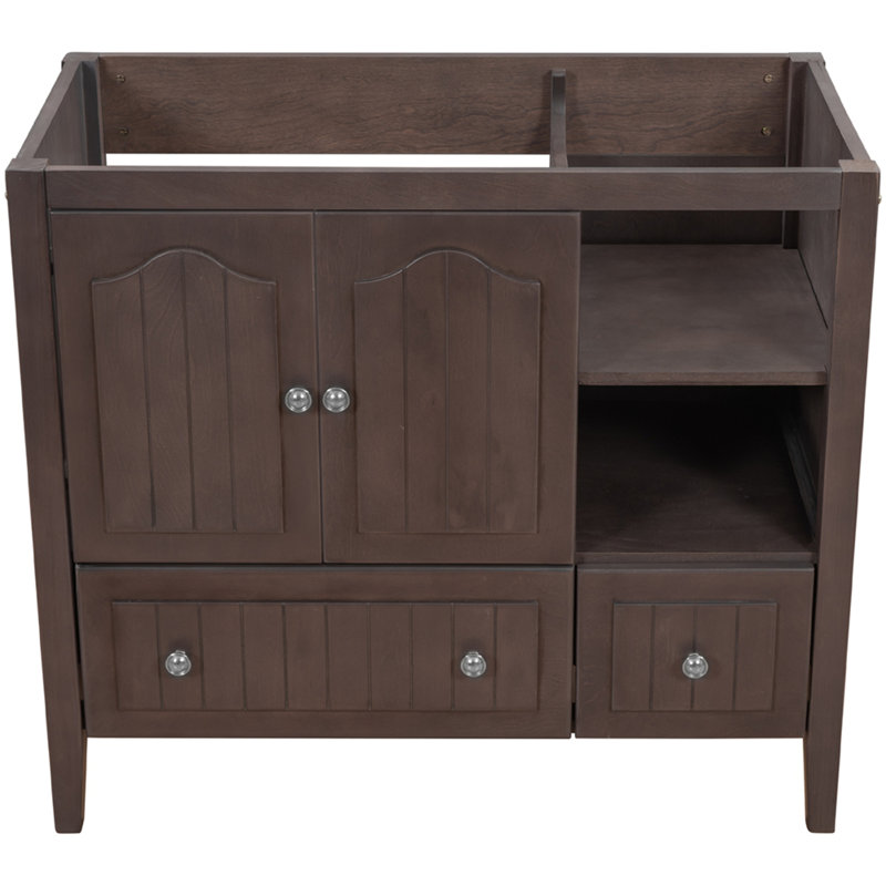 (Base seulement) Meuble-lavabo de 36 po, structure en bois massif et panneaux de fibres à densité moyenne, Brun