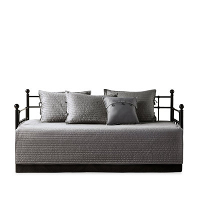 6 Daybed Cover In Grey - Reversible Plaid Print With Cover, , 3 Shams, And Decorative Pillow 90% Cotton, 10% Other Fiber Filling, Spot Clean 6 Piece 17-inch Drop , Cotton Blend Fabric