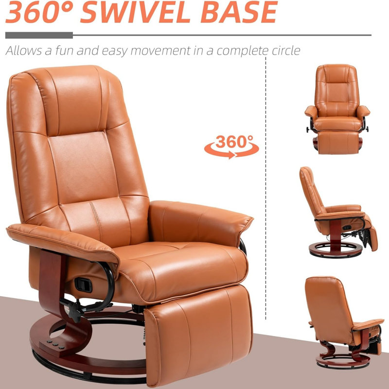 Fauteuil inclinable pivotant avec repose-pieds, siège rembourré en similicuir avec base en bois, fauteuil de salon moderne avec accoudoirs rembourrés