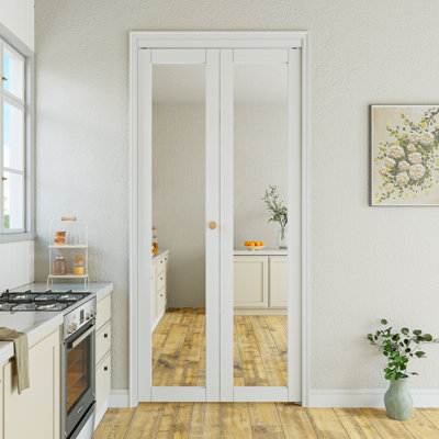 Paintable 1-Lite Mirrored Glass Solid Core Primed Bi-fold Doors with Installation Hardware Kit