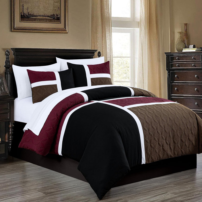 7-Piece Patchwork Bed in a Bag Comforter Set with Sheets, Queen Comforter + 6 Additional Pieces, Burgundy/Black/Brown