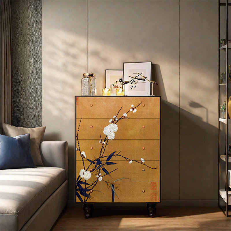 Armoire décorative à cinq tiroirs en bois de pin, Noir