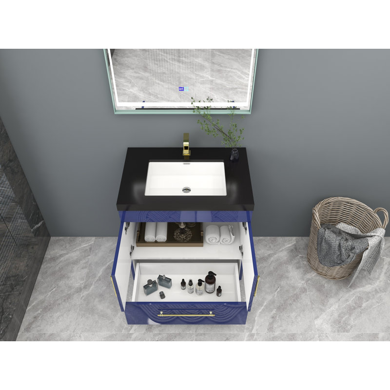 Ensemble de meuble-lavabo simple 30 po Camoni, Bleu nuit brillant, Or mat