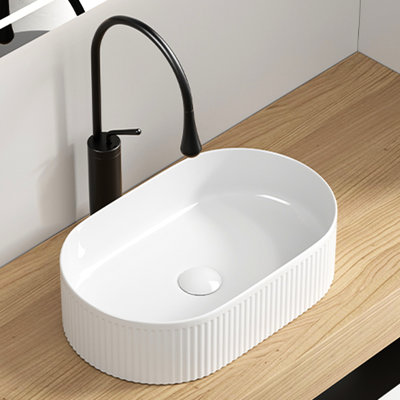 19.49 In. Depth Oval Countertop Sink, 12.34 Width, White Porcelain Vessel, High - Temperature Fired And Scratch Surface Bathroom 19 X 12, Modern Design With Straight Line Texture, To Soap