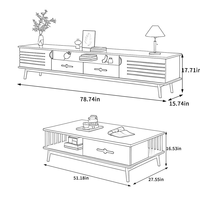 Ensemble de table basse et meuble télé en bois massif, Bois brun foncé
