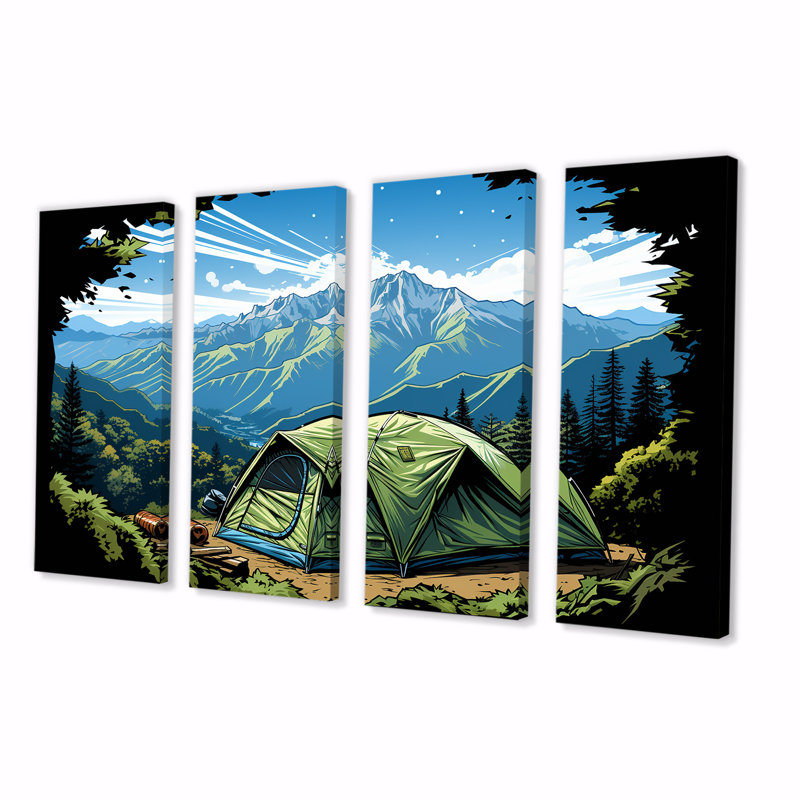 «Camping In Forest Retreat II - Camping Travel», art mural sur toile 4 pièces, H 28 po x l 48 po
