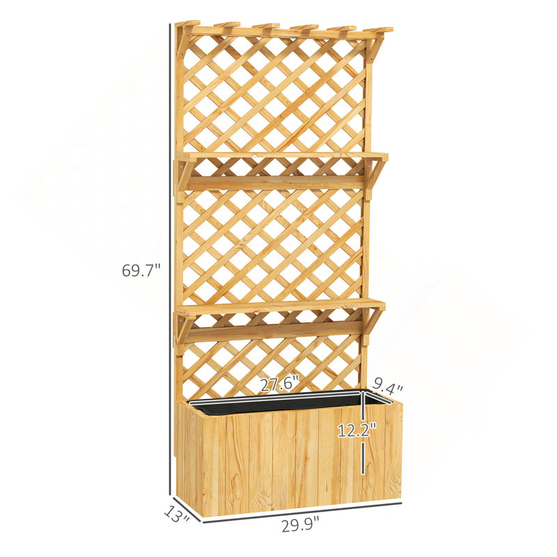 Jardinière en bois, lit de jardin surélevé, avec treillis, toit suspendu, tablette pour plante, trous de drainage et doublure de lit