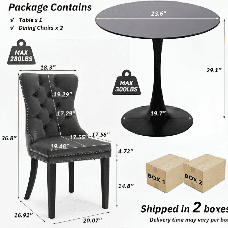 Ensemble de table de salle à manger rond avec 2 chaises, Noir, noir, noir, noir, Noir/gris
