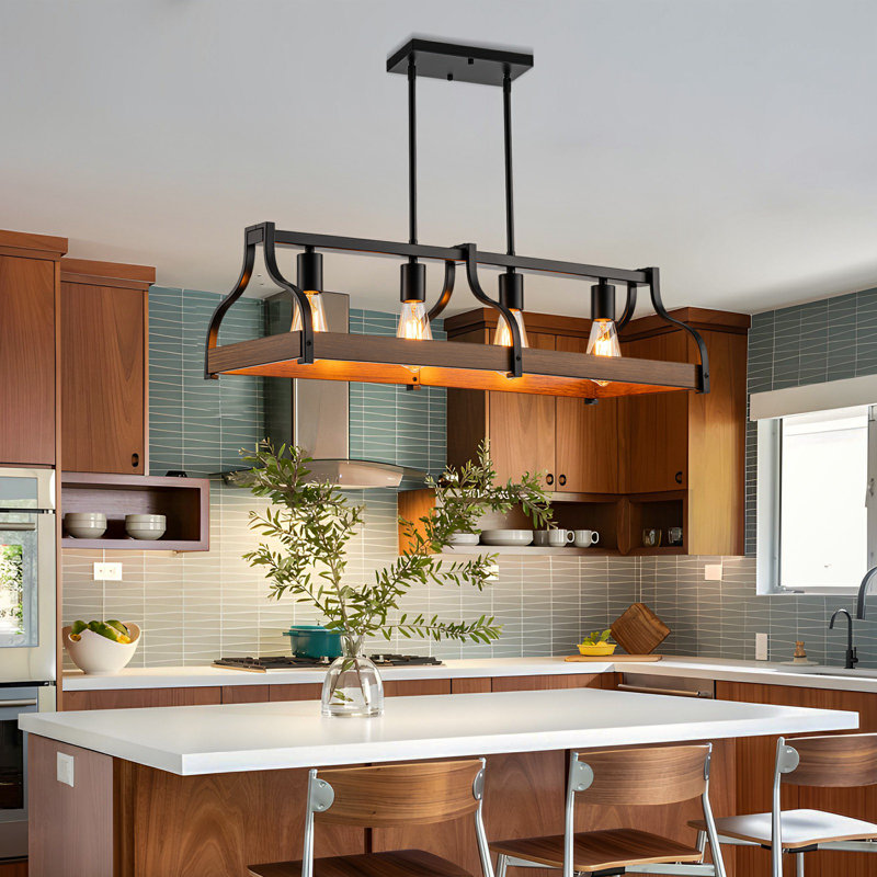 Deizel 4-Light Farmhouse Kitchen Island Light, Black and Wood Grain