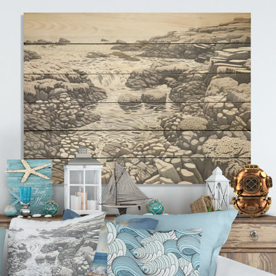 «Grey Abstract Landscape I - Coastal Coral Under Water Wood», art mural sur bois de pin naturel