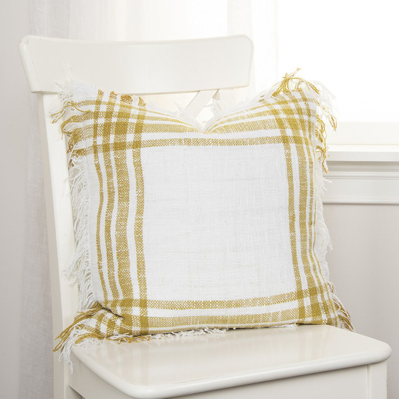 White Red Open Plaid Textured Throw Pillow, White/Gold