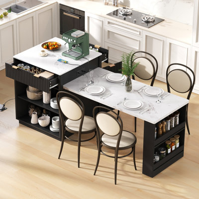 Îlot de cuisine cannelé 82,6 po avec table de salle à manger extensible pour 4 à 6 personnes, table d'îlot de cuisine avec prise de courant, table de cuisine avec rangement double, 2 tiroirs et 2 tablettes ouvertes latérales