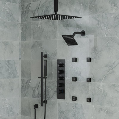 Ceiling Mount 16" Dual Rainfall Thermostatic Shower System with 6 Body Jets and Handheld Spray