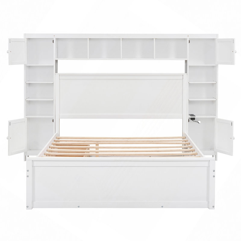 Grand lit en bois avec armoire tout-en-un, tablette et prises, lit gigogne simple TG