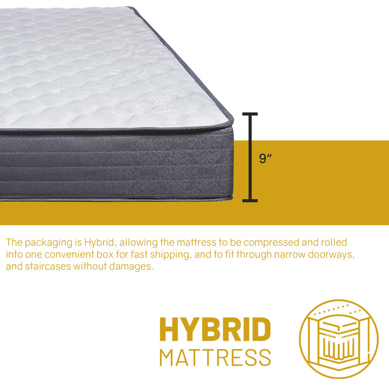 Grimes 9" Hybrid Mattress Medium Firm for Cool Sleep. Back Pain and Pressure Relief, Black, King, No Box Spring