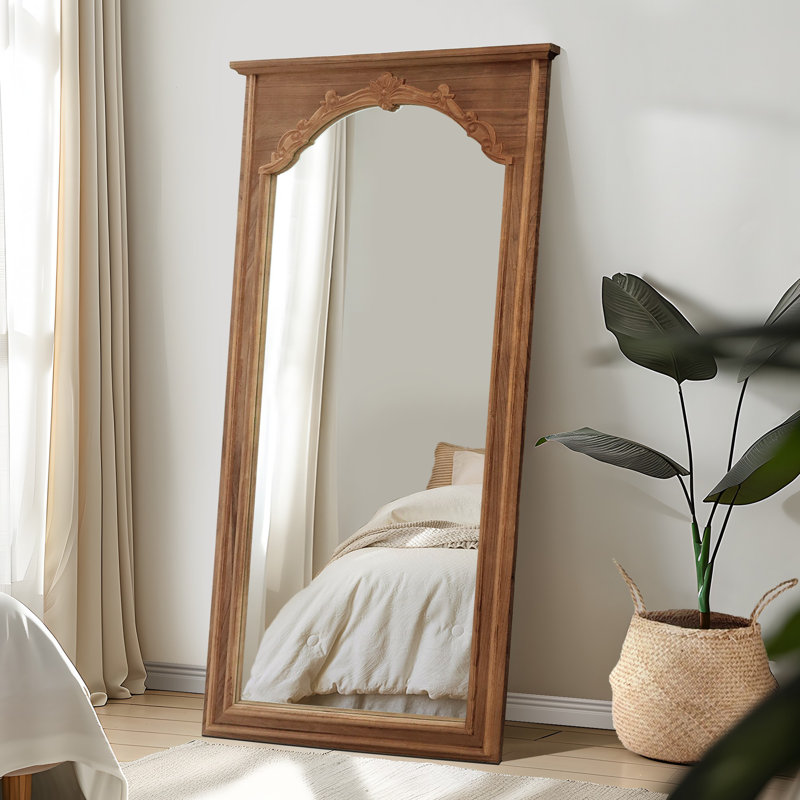 Rectangle Wood Full Length Mirror Wall Mirror with Inner Arch Carved Frame, Brown