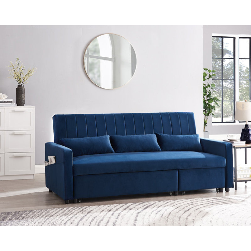 Krisheena 3 Seater Linen Velvet Sofa Bed, Blue Velvet