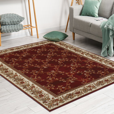 Tapis traditionnel rouge bourgogne oriental à motif treillis