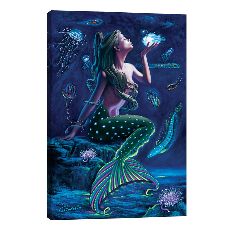 Bioluminescent Mermaid by Wil Cormier - Wrapped Canvas Painting, 66.04 cm H x 45.72 cm W x 1.91 cm D