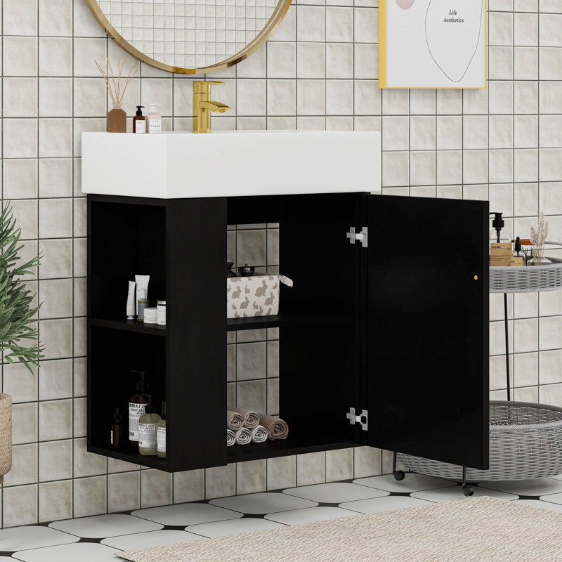 Meuble-lavabo flottant moderne 21,6 po avec lavabo en céramique, rangement à gauche, Noir