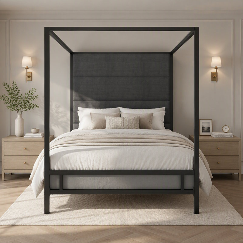 Lit à baldaquin moderne avec tête de lit tapissier en tissu de lin haut de 76,5 po, Grand lit
