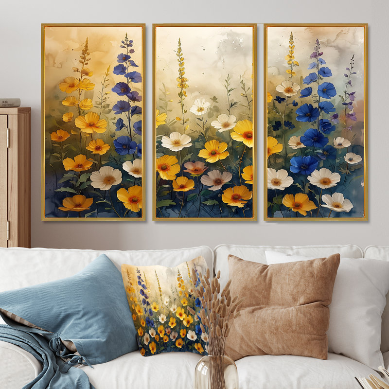 Blue Yellow Blooming Garden Lupine I - Lupine Wall Art Set Wall Art Set, Toile avec cadre flottant or
