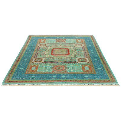 6x8 Green and Blue Turkish Tribal Rug