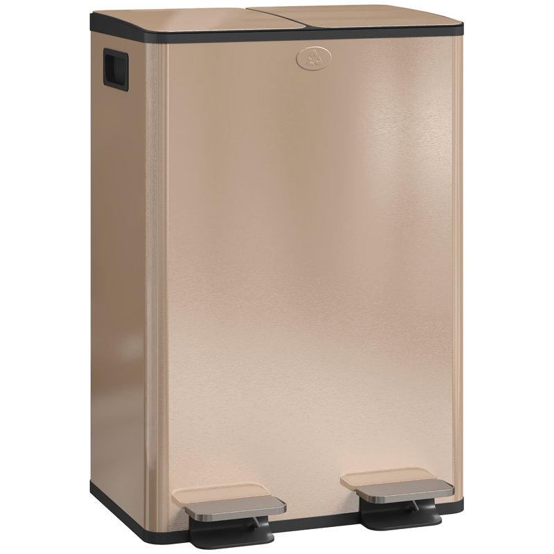 HOMCOM Dual Kitchen Bin 2 15L Stainless Steel Soft Close Lid, Gold Tone, 56 L