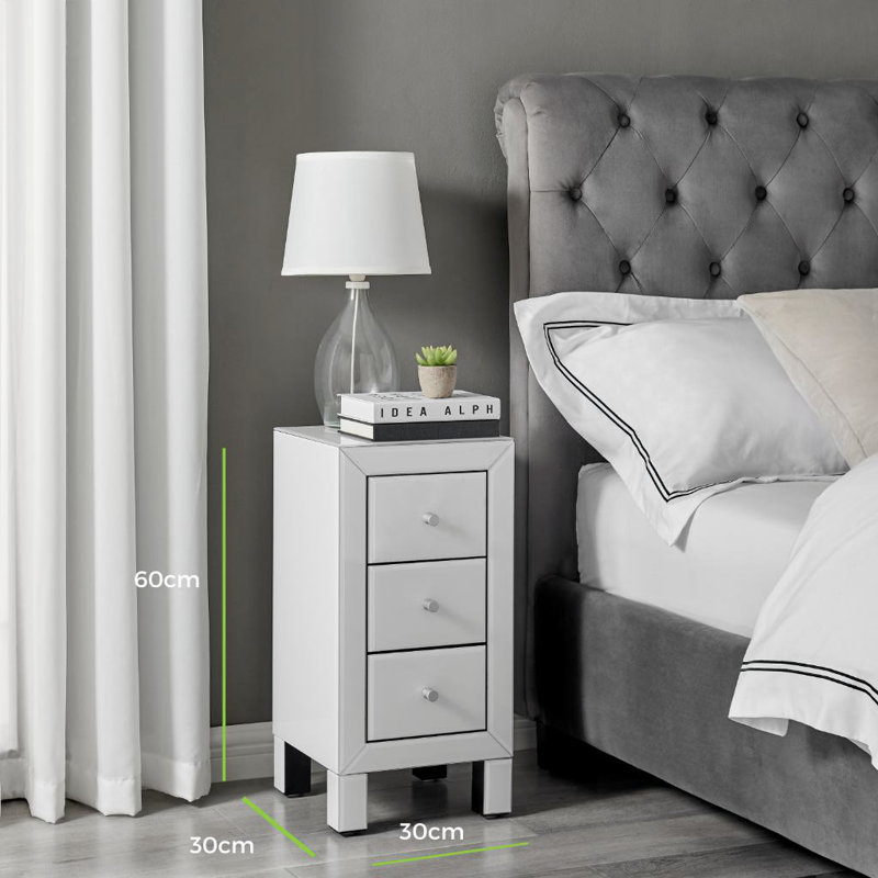 Alexa Chic Slimline 3 Drawer Mirrored Nightstand - Sleek Modern Design, White