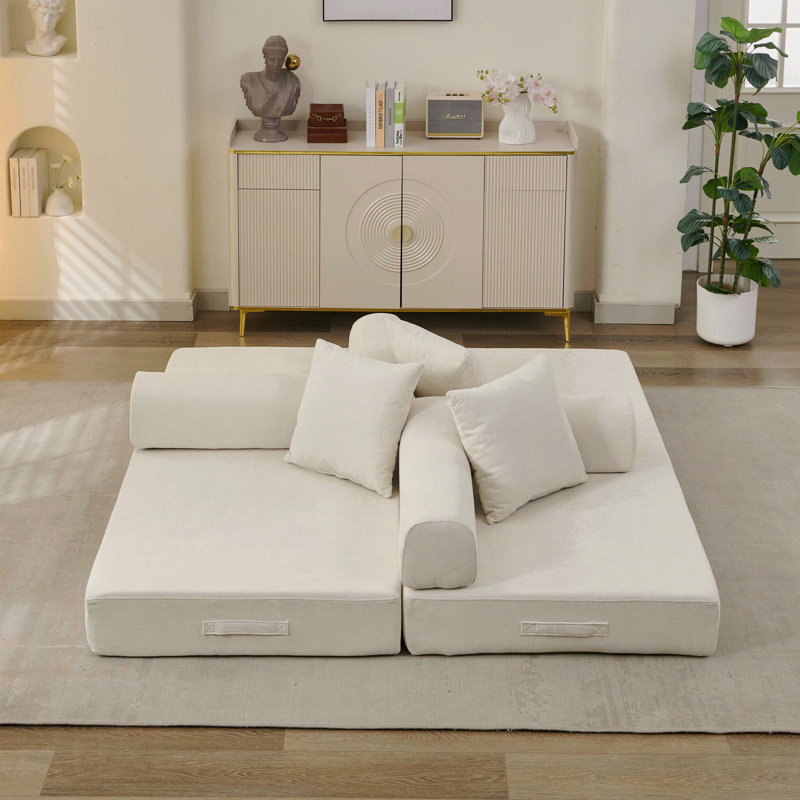 Chenille Convertible Sofa Bed: Foldable Mattress Couch, Floor Lounge, Armrest Support, Beige
