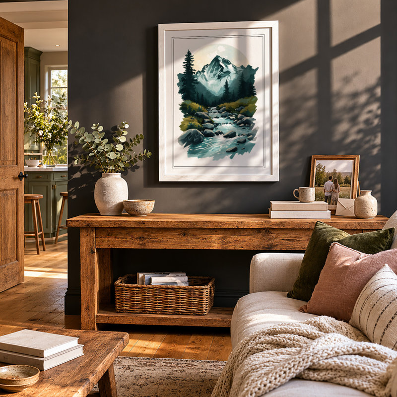 Mountain And Stream Scandinavian - Print, A2 - 59.4 x 42.0 cm, White
