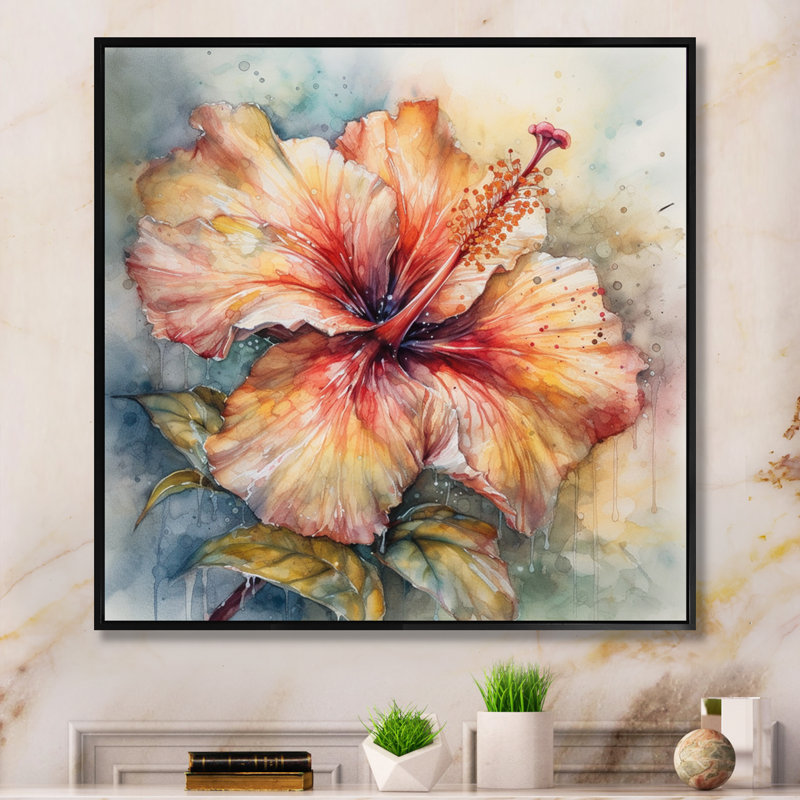 Hibiscus Euphoria II gris orange de Rrahim - art mural hibiscus, H 24 po x l 24 po, Cadre flottant noir