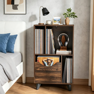 Support de tourne-disque Mid-Century moderne avec tiroir de rangement en vinyle, table d'appoint en bois pour tourne-disques et haut-parleurs, armoire de rangement pour le salon, la chambre et le bureau
