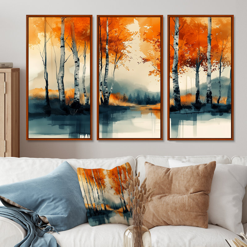 «Autumn Tree In Forest Panorama I», ensemble d'art mural forêt, Toile avec cadre flottant brun, H 40 po x l 60 po x P 1 po