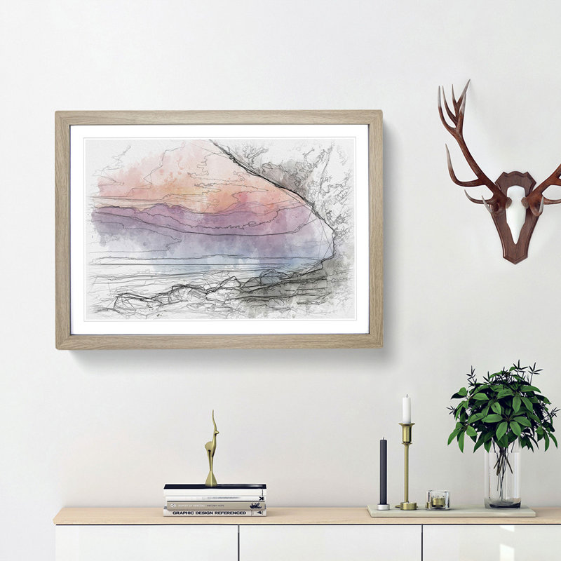 The Elgol Coast in the Isle of Skye Scotland Sketch - Picture Frame Graphic Art Print, 62cm H x 87cm W x 2cm D, Oak Framed