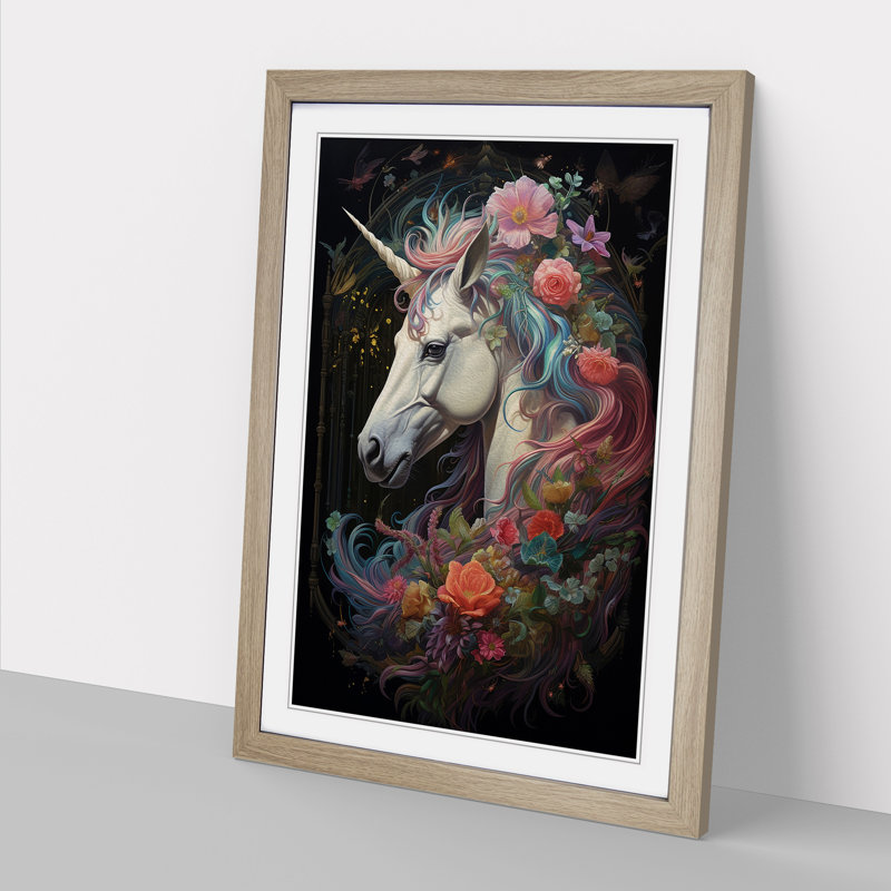 Unicorn Baroque - Single Picture Frame Print on Wood, 64cm H x 46cm W, Oak Framed
