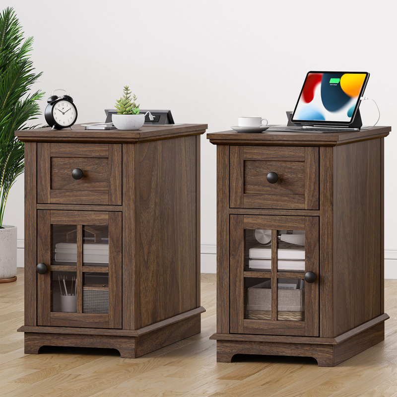 Dark Walnut Rectangular End Table Set with Storage and Charging Station