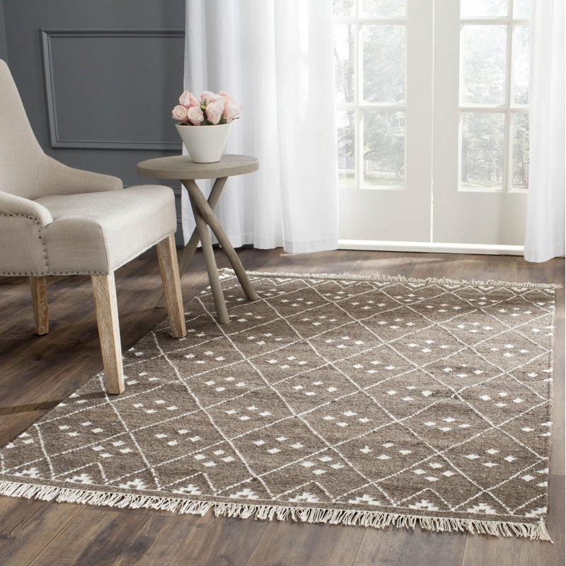 Tapis ivoire / brun en laine / viscose / coton tissé à la main à motif géométrique Mill, Rectangle 5 pi x 8 pi