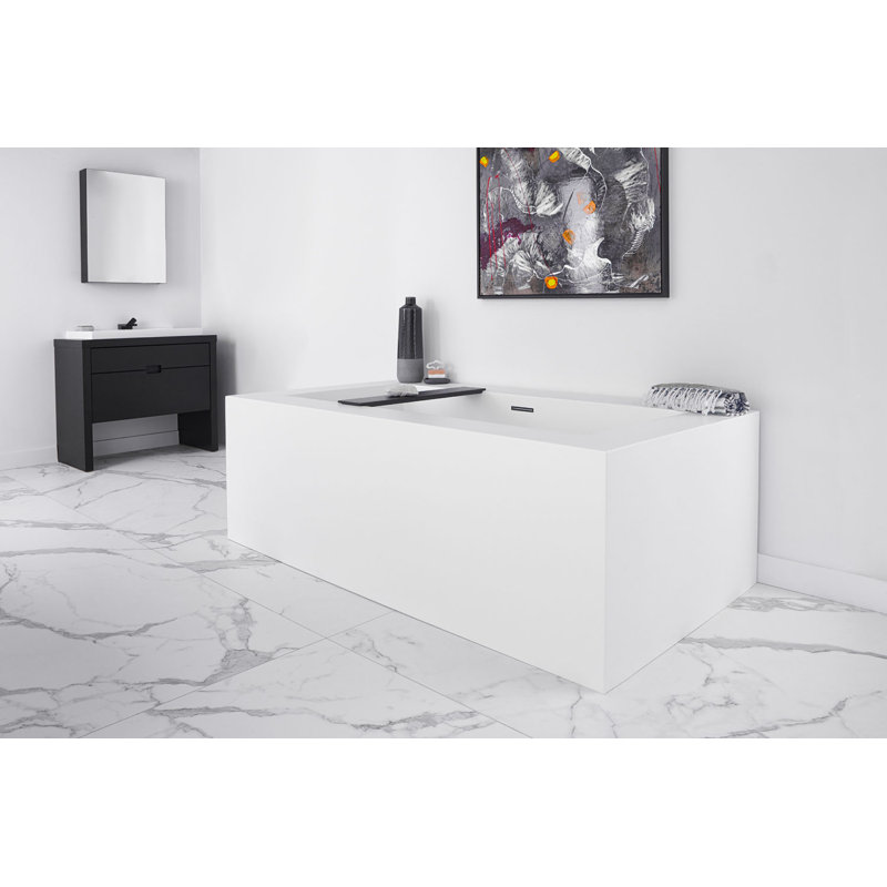 Cube 72'' L Freestanding Soaking Bathtub, Matte Black, White True High Gloss
